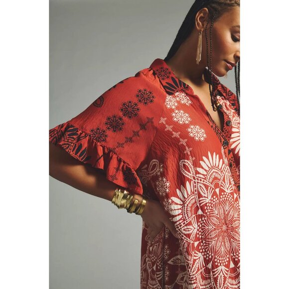 By ANTHROPOLOGIE Ruffle-Sleeve Maxi Dress S Tiered Medallion Print Boho Breezy - Picture 5 of 12